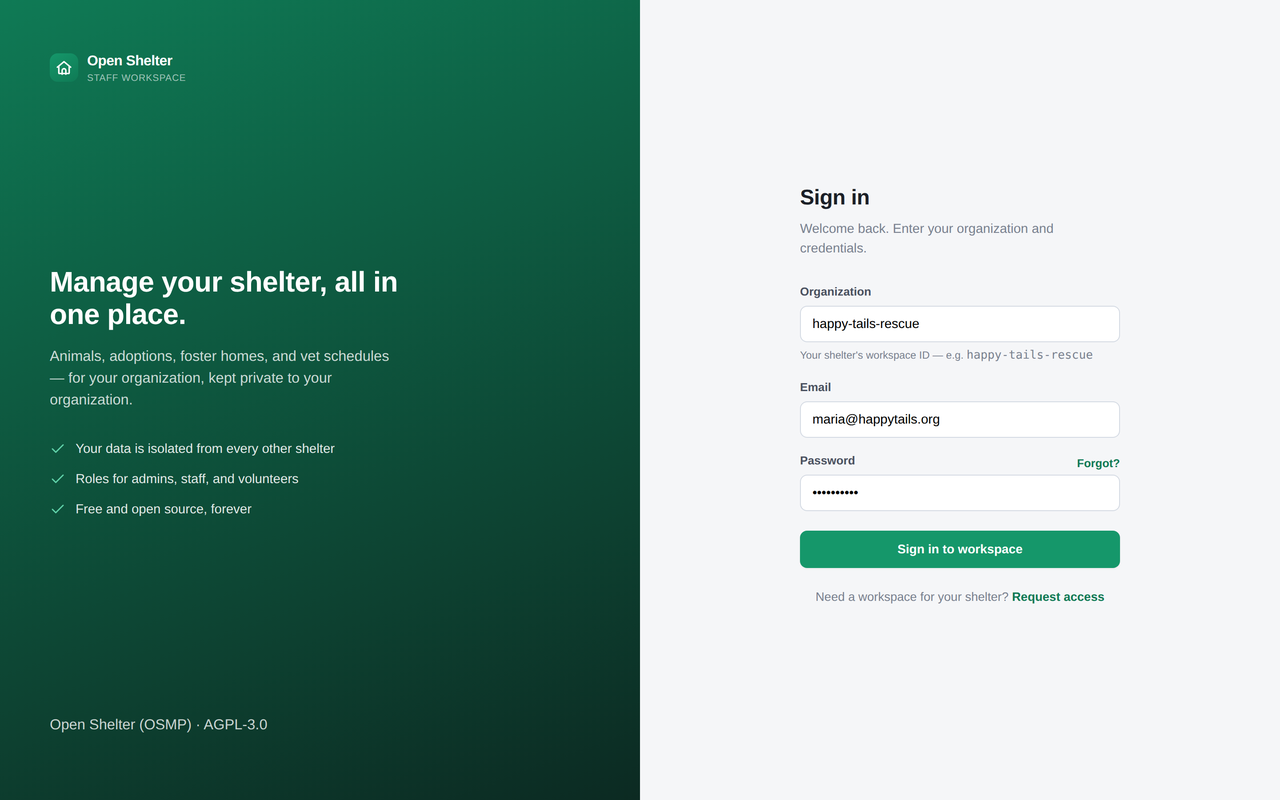 Sign-in screen where staff enter their organization's workspace, reinforcing that each shelter's data is kept separate.